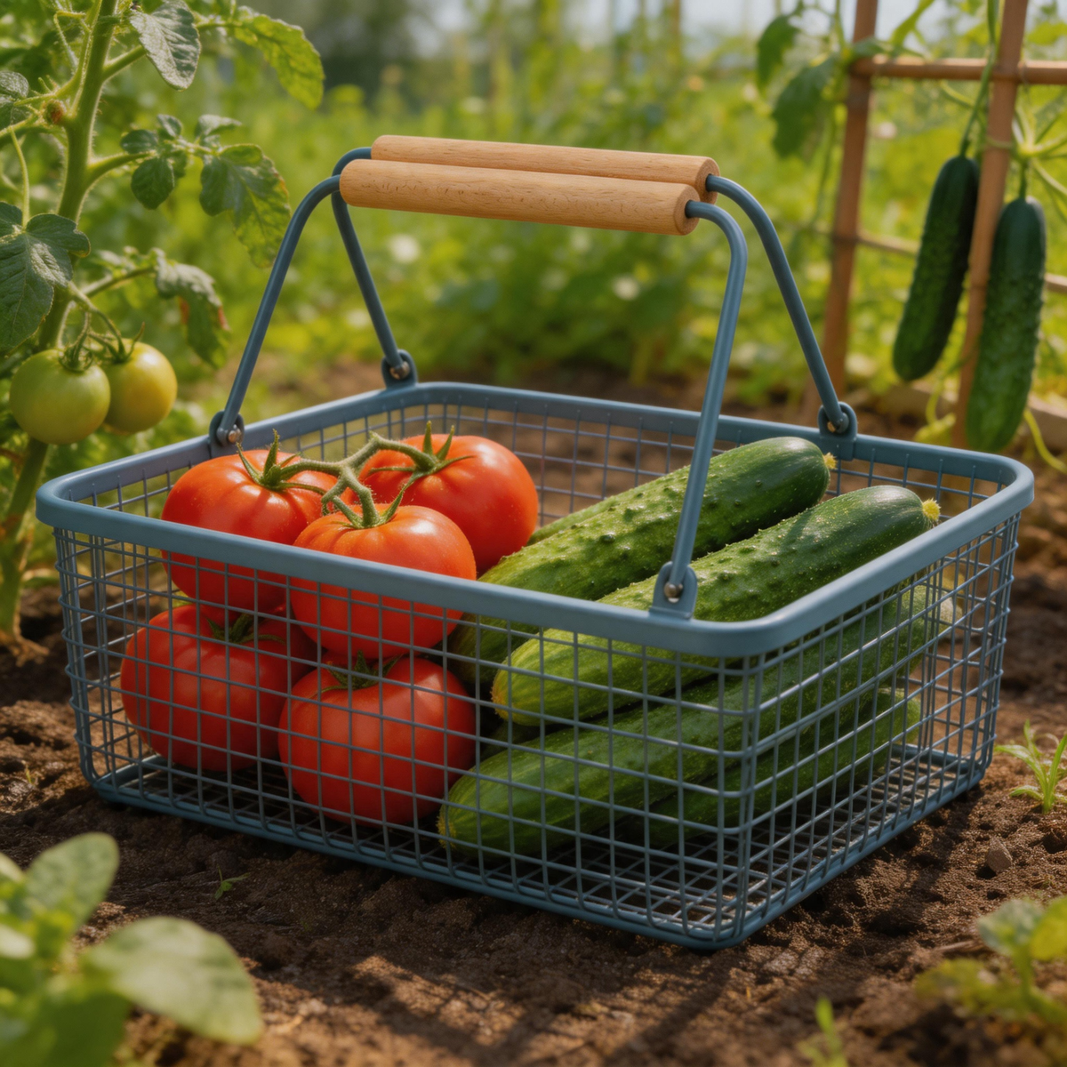 🍃 Garden Harvest | Wooden Handle Metal Basket | Practical Outdoor Picking Tool For Garden Lovers