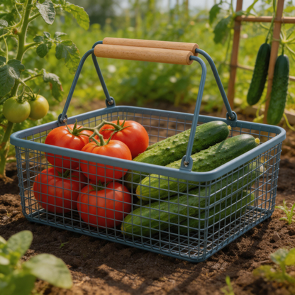 🍃 Garden Harvest | Wooden Handle Metal Basket | Practical Outdoor Picking Tool For Garden Lovers